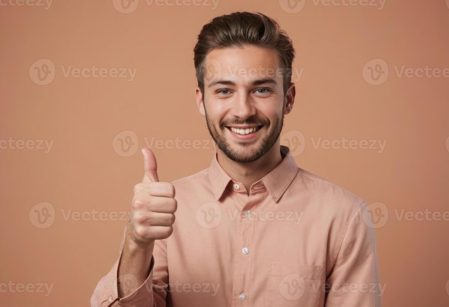 AI Generated A confident young man in a peach shirt giving a thumb up. His expression is self-assured and friendly. photo
