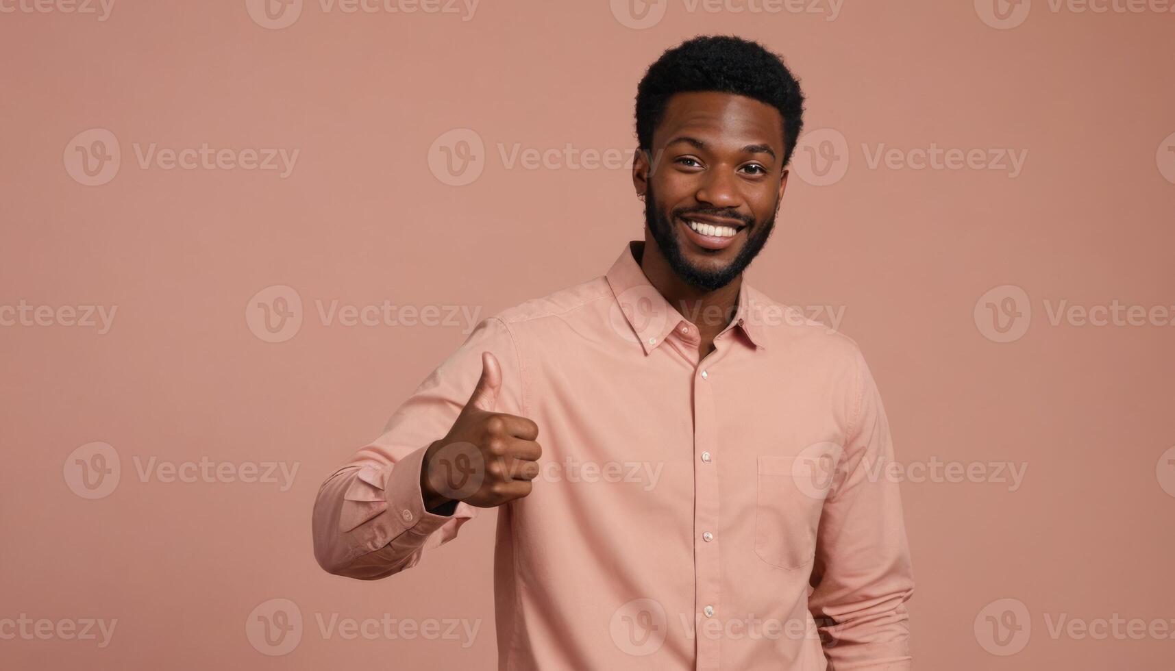 AI Generated A smiling man in a pink shirt showing an approval sign with his thumb up. He appears happy and content. photo
