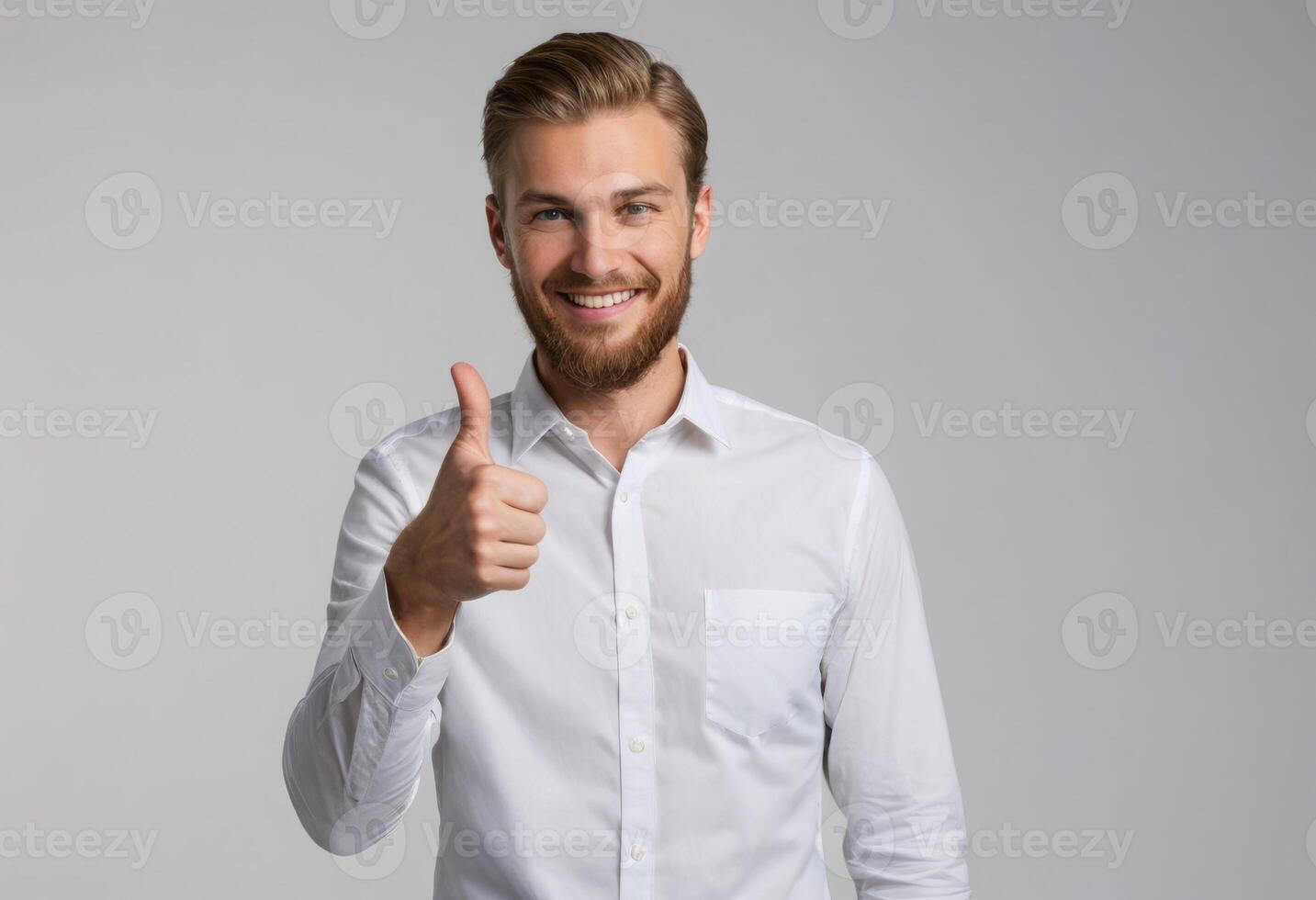 AI Generated A smart man in a white dress shirt with a thumbs up, showing approval with a confident grin. His beard adds to his distinguished look. photo