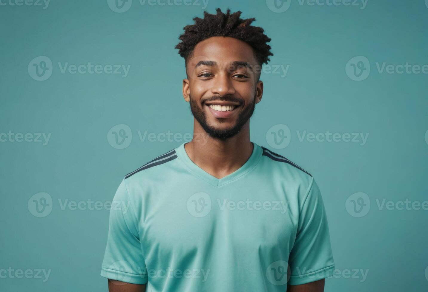 AI Generated A man with an afro hairstyle in a soccer jersey poses casually, looking relaxed and cheerful. photo