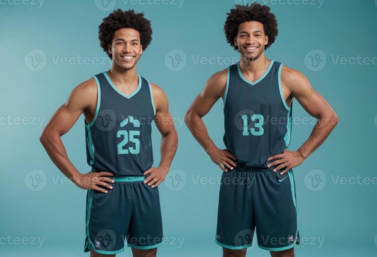 AI Generated Two smiling basketball players in matching team jerseys posing together. photo