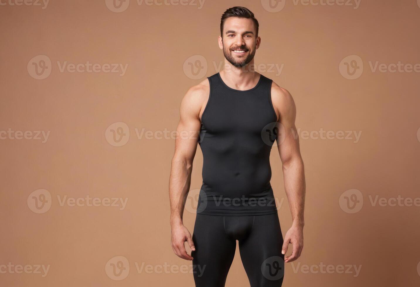 AI Generated A fit man in black athletic gear standing confidently with a focused expression. photo