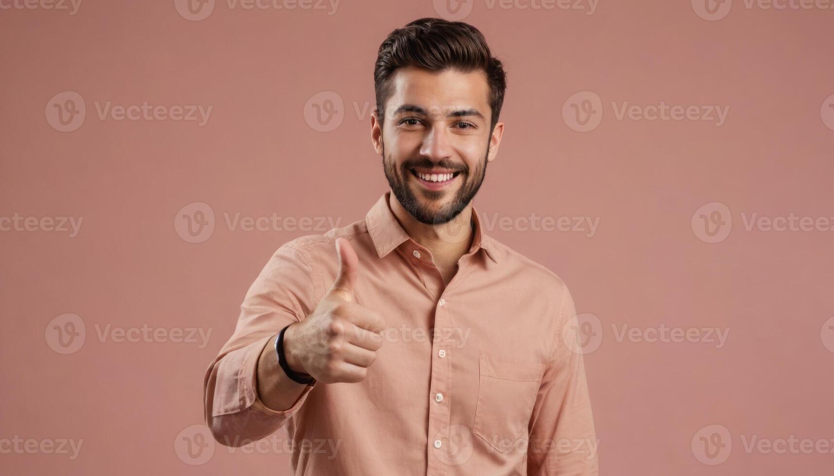 ai generado un barbado hombre en un rosado camisa dando pulgares arriba, rosado antecedentes. él mira simpático y accesible. foto