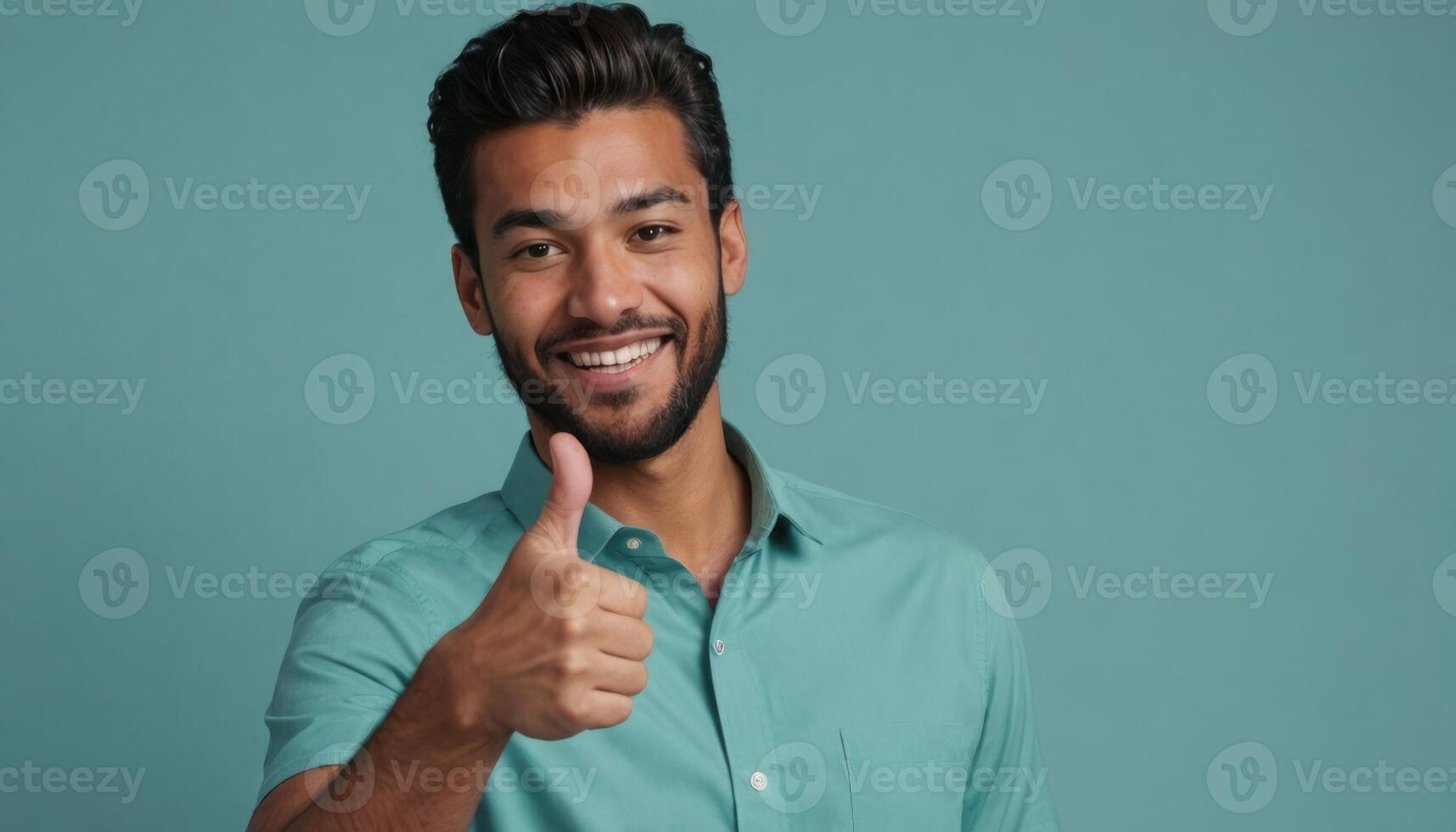 AI Generated A cheerful man with a goatee giving a thumbs up, blue background. His inviting smile and casual style convey approachability and positivity. photo