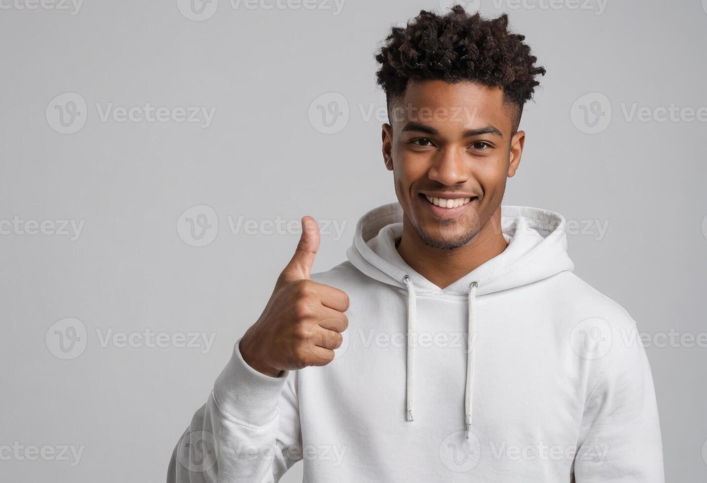 AI Generated A friendly young man in a white hoodie giving a thumbs up, grey background. His relaxed posture and smile indicate ease and friendliness. photo