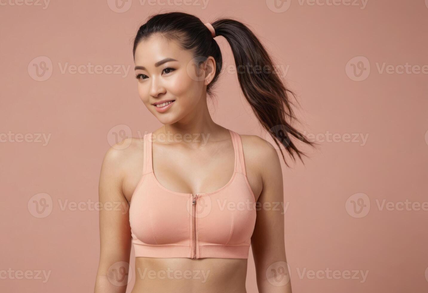AI Generated A fit woman in a sports bra, ponytail hairstyle, peach background. Her athletic build and confident smile convey strength and a dedication to health. photo