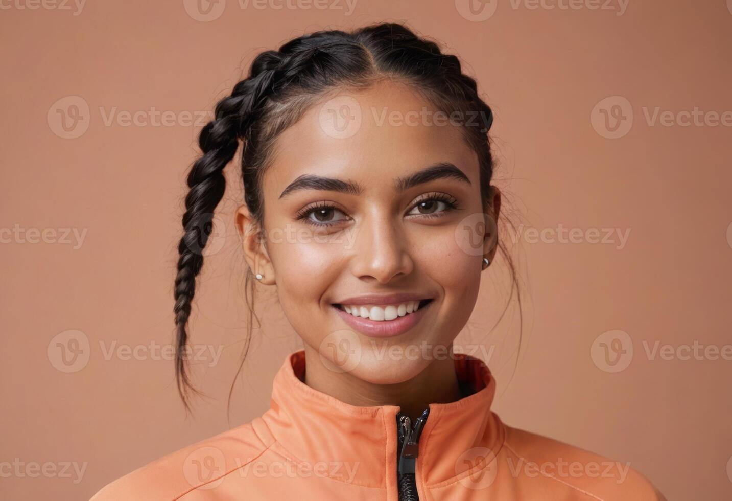 AI Generated A happy woman with braided hair in an orange active wear jacket, peach background. Her bright smile and casual pose exude positivity and an active spirit. photo