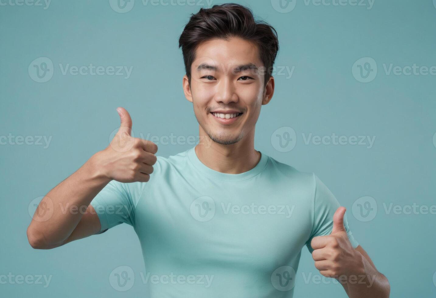 ai generado un confidente hombre en un verde azulado camiseta da un pulgares arriba. su brillante expresión y atlético construir sugerir salud y positividad foto