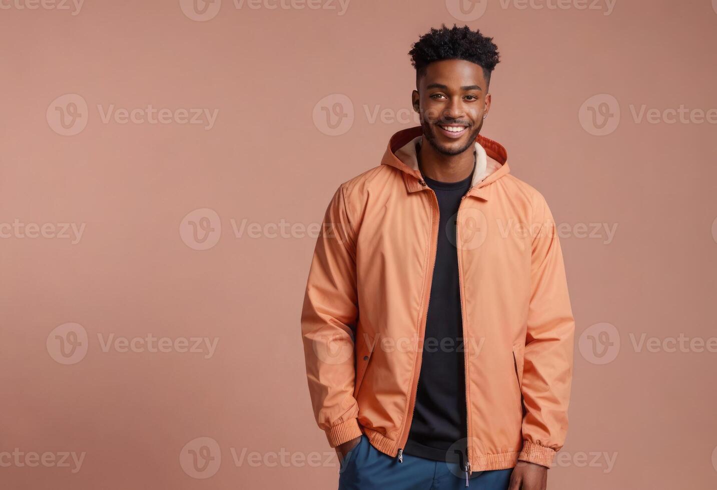 AI Generated A man with a trendy hairstyle in a salmon jacket exudes casual style. His hands in pockets gesture adds a relaxed touch. photo