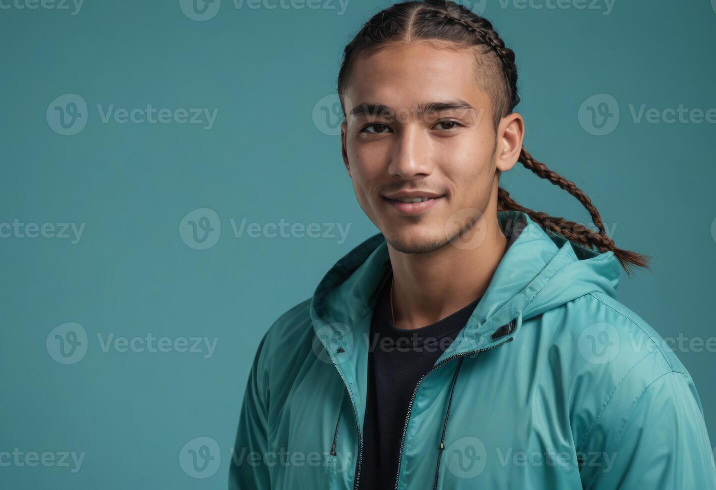 AI Generated A casual man with braided hair in a teal jacket offers a relaxed look. His comfortable outerwear and laid-back style convey ease and approachability. photo