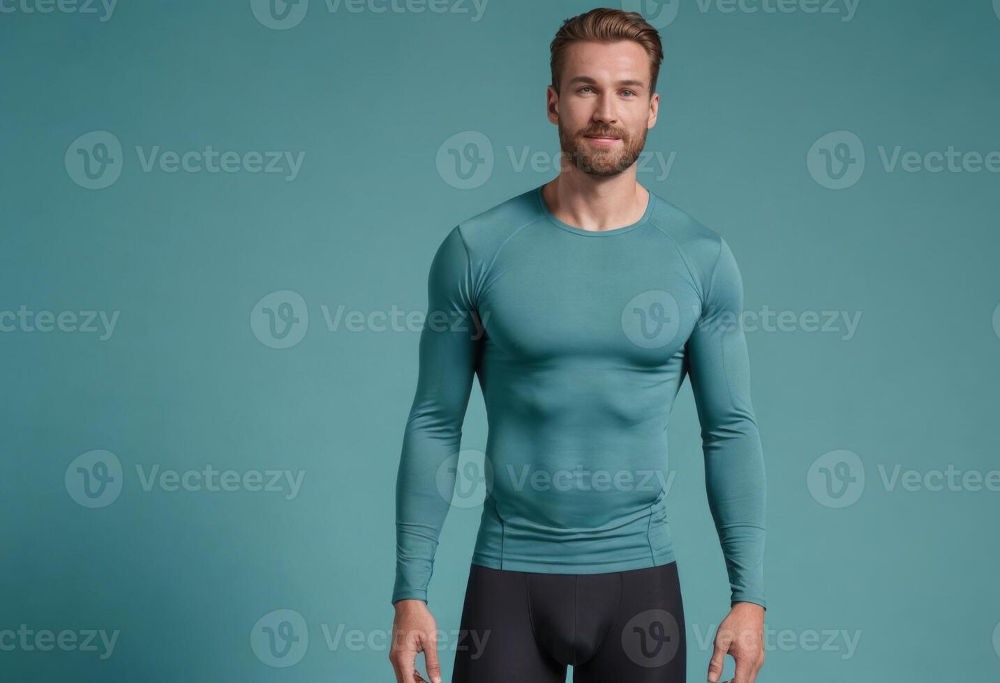 AI Generated A fit man in teal athletic wear stands confidently. His athletic build and positive demeanor suggest an active and healthy lifestyle. photo