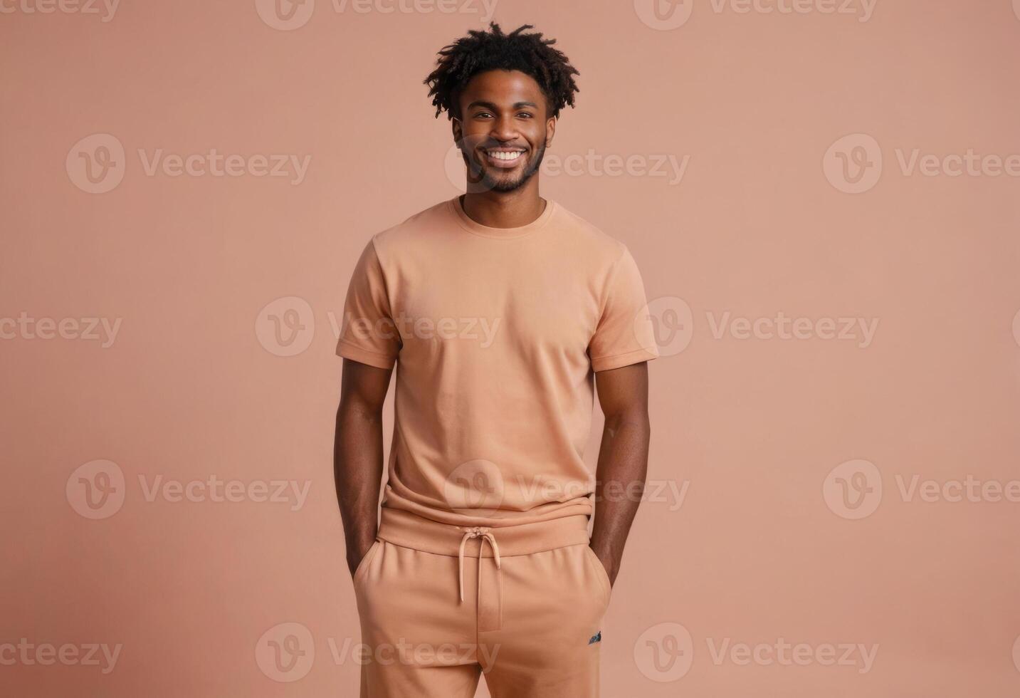 AI Generated A man in a coordinated peach outfit stands confidently. His casual yet stylish look indicates a laid-back, fashionable approach to everyday wear. photo
