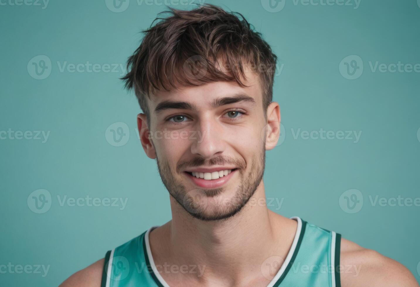 AI Generated A cheerful man in a teal tank top smiles at the camera. His casual attire and friendly expression communicate a laid-back, approachable vibe. photo