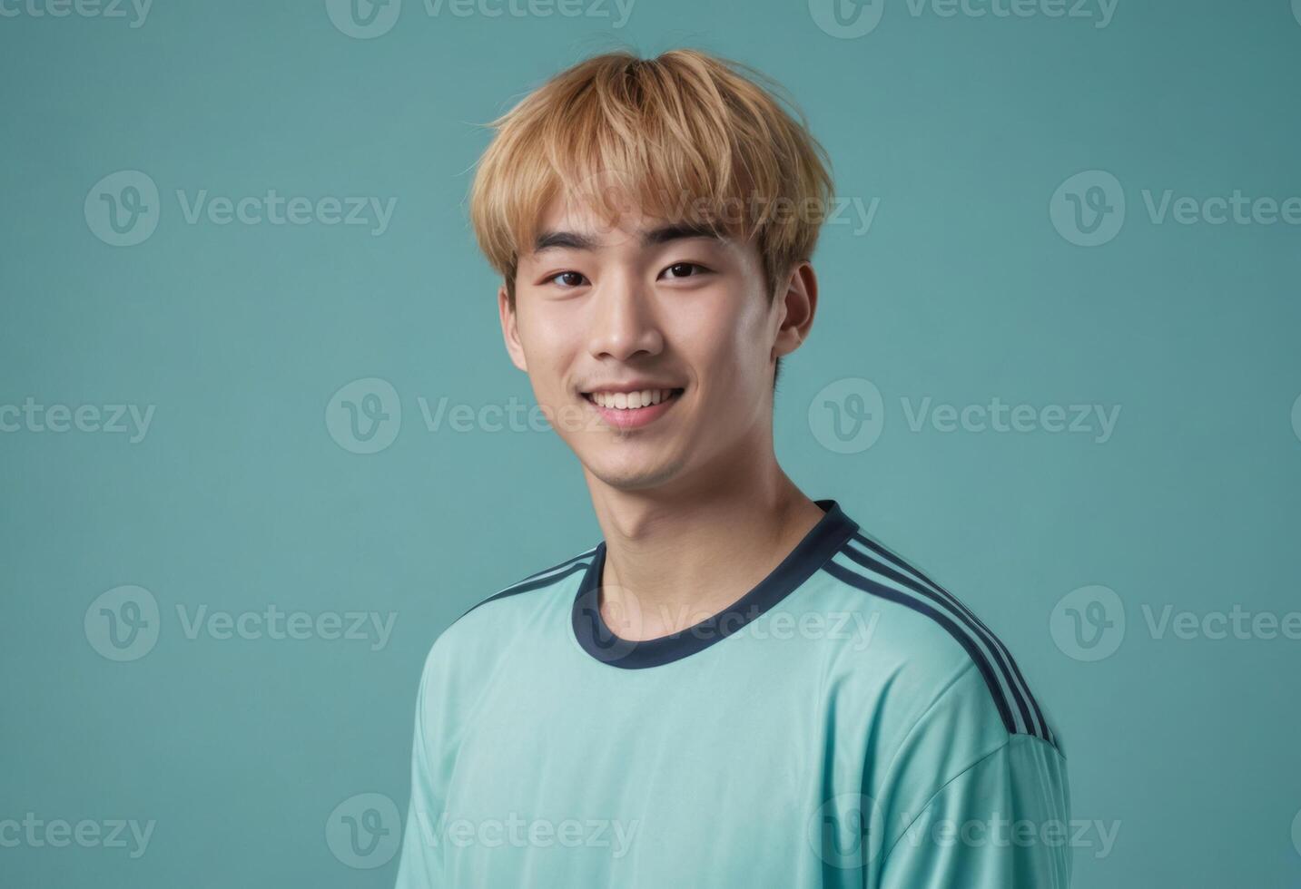 AI Generated A cheerful man with blonde hair smiles in a soccer kit. His athletic look and joyful expression reflect a sporty and active lifestyle. photo