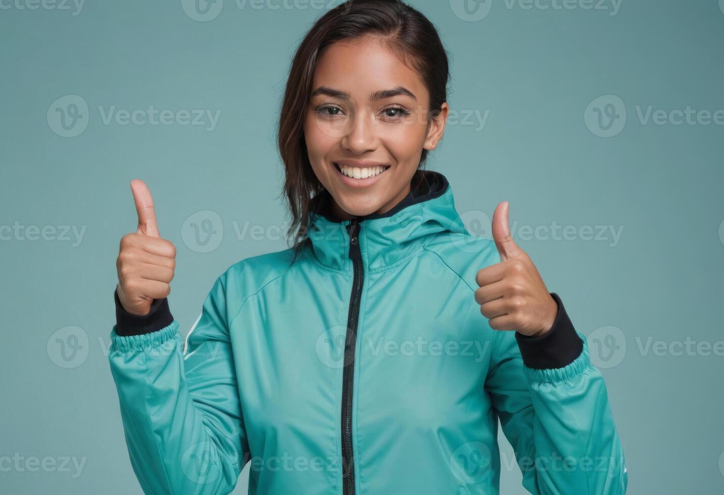 AI Generated A sporty woman in a teal windbreaker giving double thumbs up, teal background. Her energetic look and athletic attire embody an active and healthy lifestyle. photo
