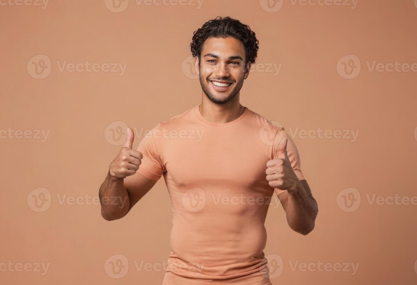 AI Generated A joyful man in a peach t-shirt gives double thumbs up. His bright smile and casual appearance suggest positivity and approachability. photo