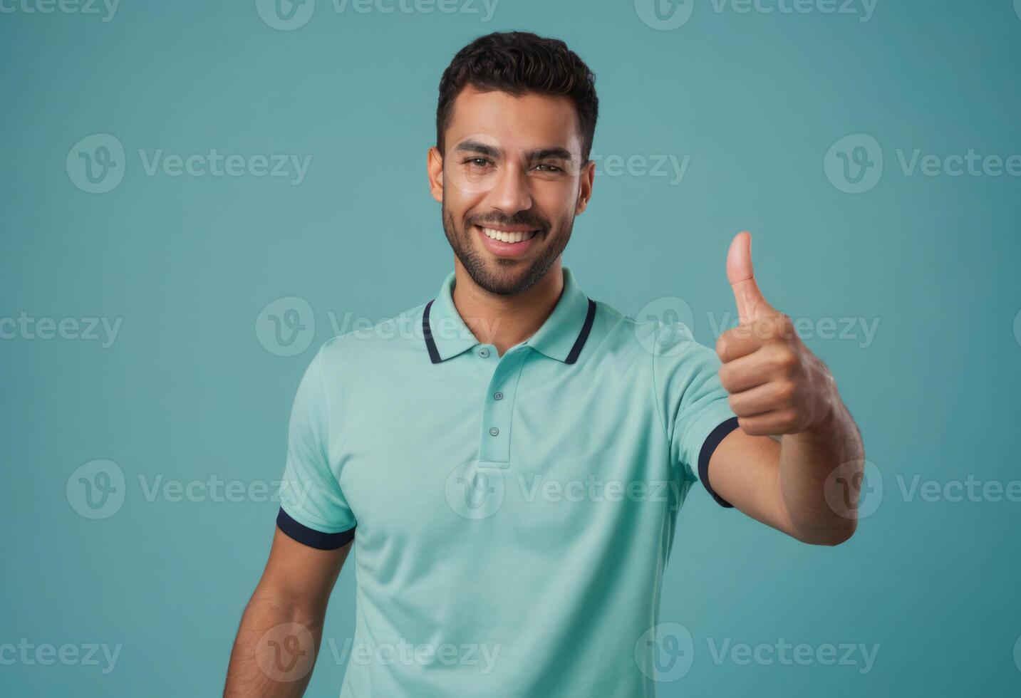 AI Generated A smiling man in a teal polo shirt gives a thumbs up. His neat appearance and friendly demeanor suggest a relaxed yet stylish attitude. photo