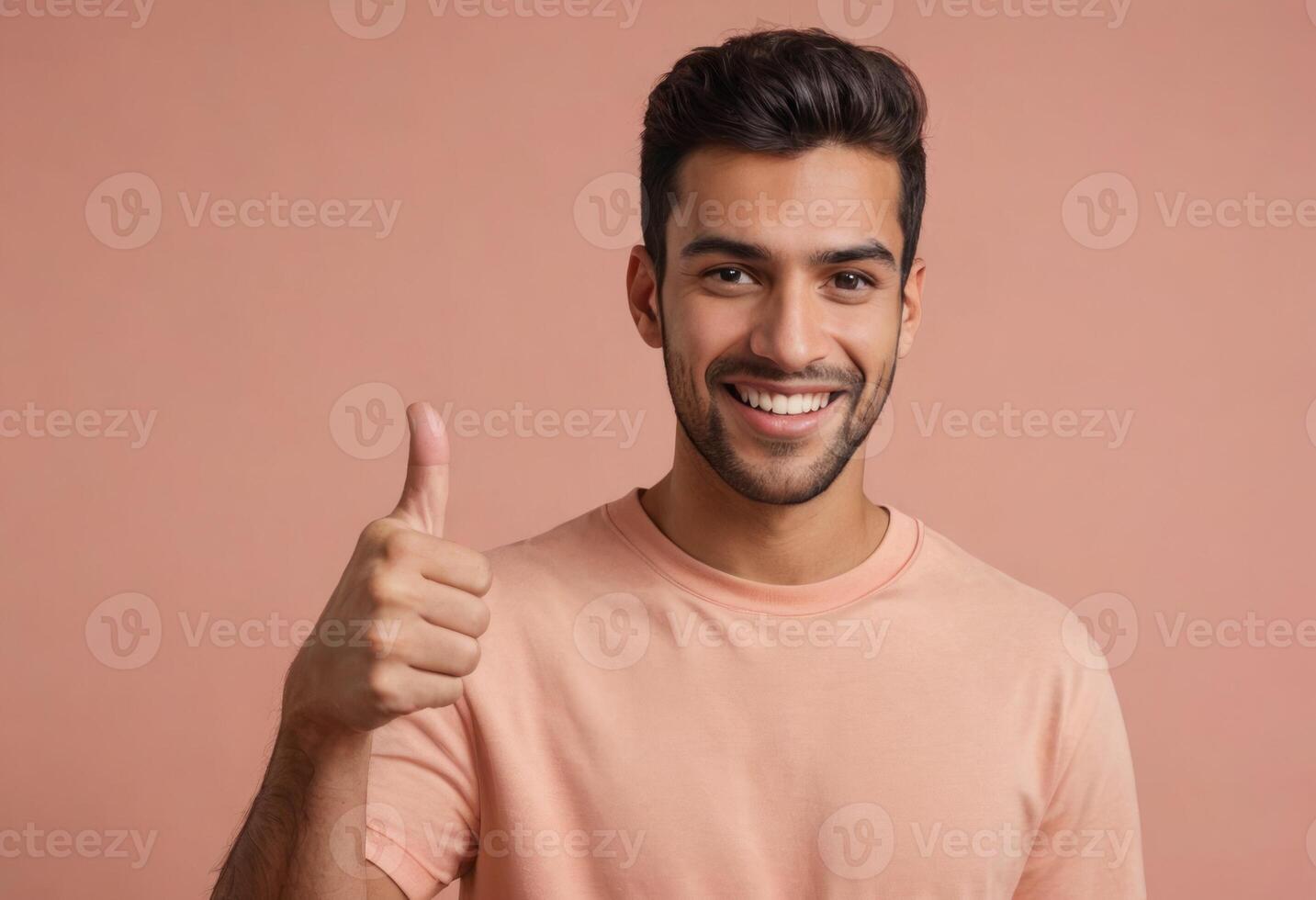 ai generado un contento hombre en casual atuendo da un pulgares arriba. su brillante sonrisa y relajado Mira transmitir un sentido de contentamiento y accesibilidad. foto