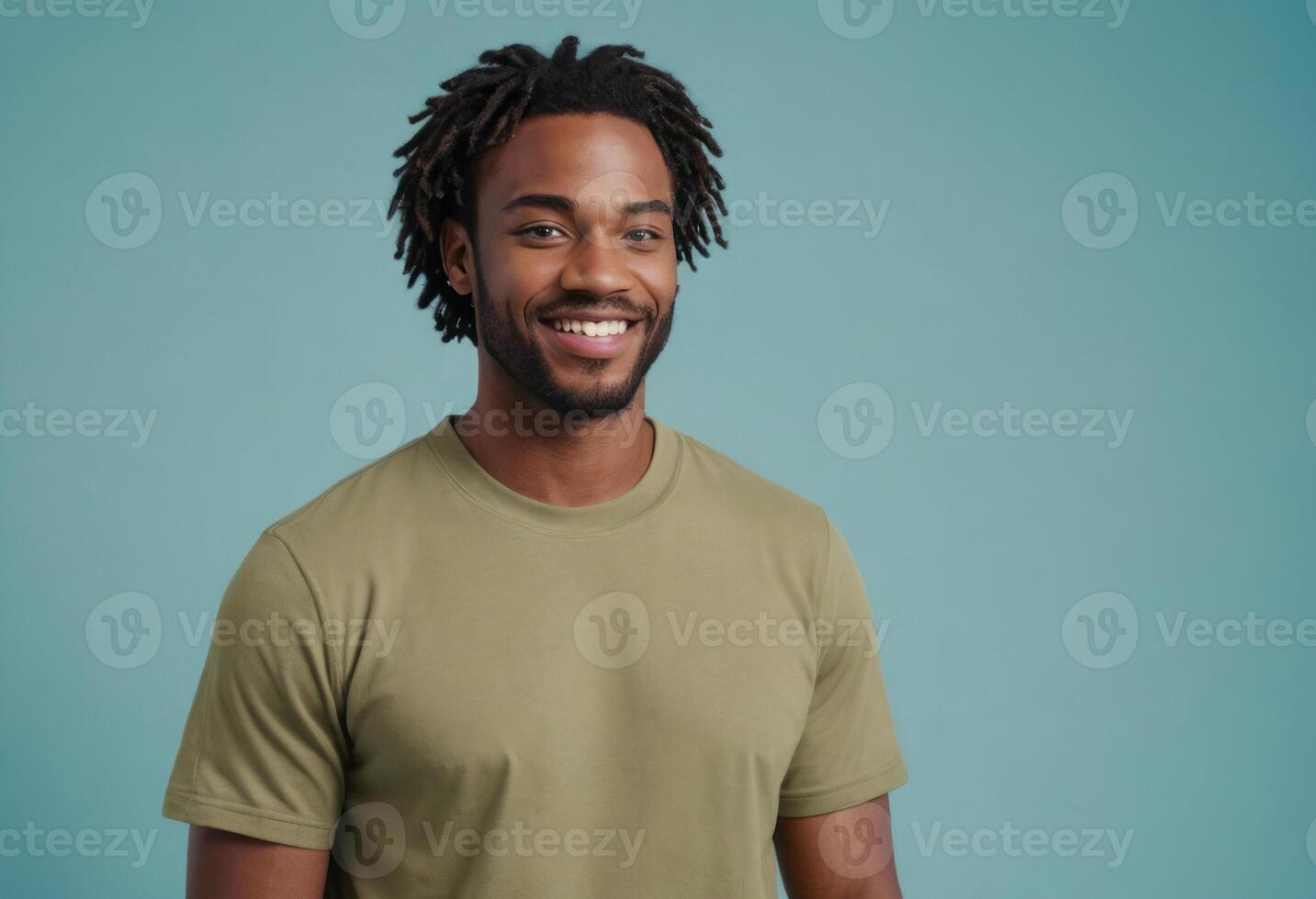 AI Generated A man with dreadlocks in an olive t-shirt smiles at the camera. His relaxed and friendly demeanor conveys approachability. photo