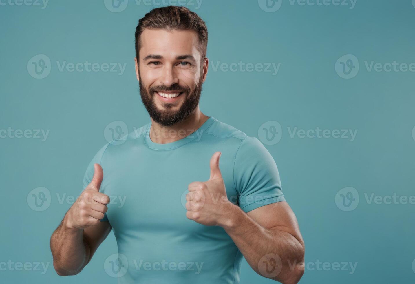 AI Generated A smiling man with a beard in a teal shirt giving two thumbs up, radiating positivity and agreement. photo