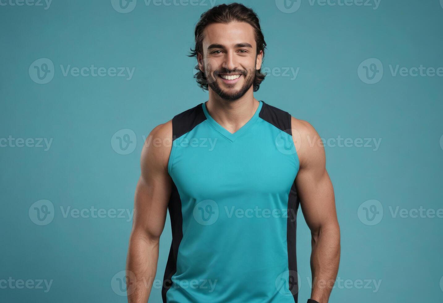 AI Generated A smiling man in a sleeveless athletic top poses confidently. His muscular arms and cheerful demeanor suggest an active, healthy lifestyle. photo