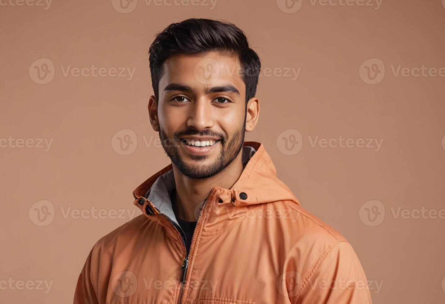 AI Generated A man wearing a casual peach jacket looks off to the side. His relaxed stance and the simple jacket speak to an easygoing nature. photo