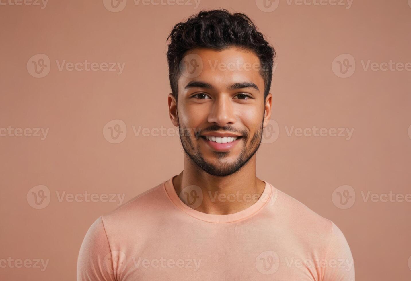 AI Generated A young man in a peach shirt smiling against a peach backdrop. His casual pose suggests approachability and friendliness. photo