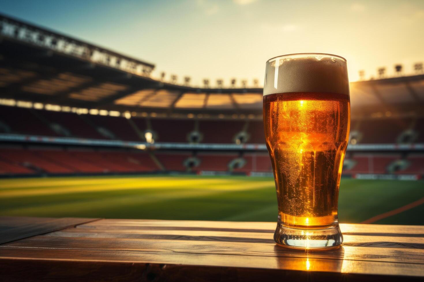 AI generated a beer glass sitting on a wooden table next to a soccer stadium photo