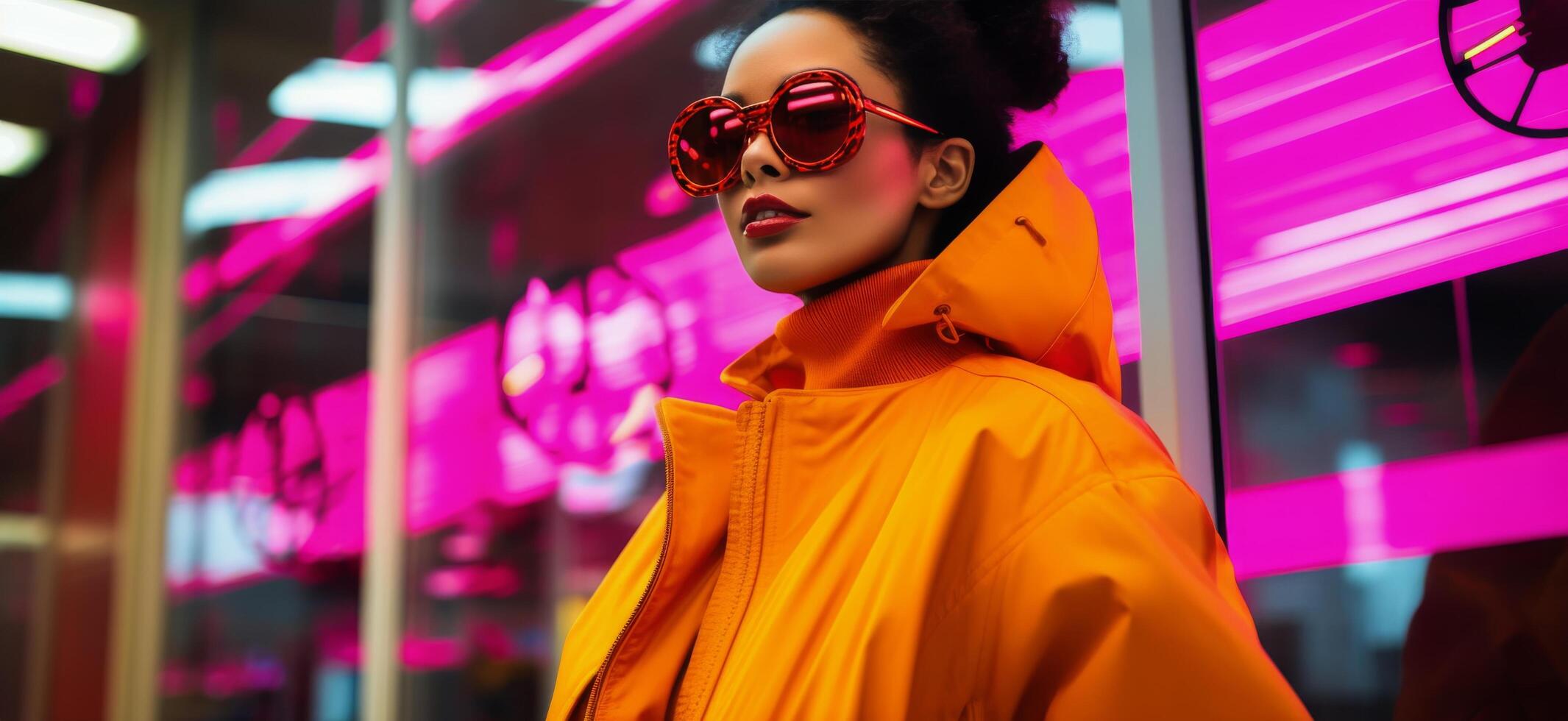 AI generated Fashionable Woman in Neon Urban Setting photo