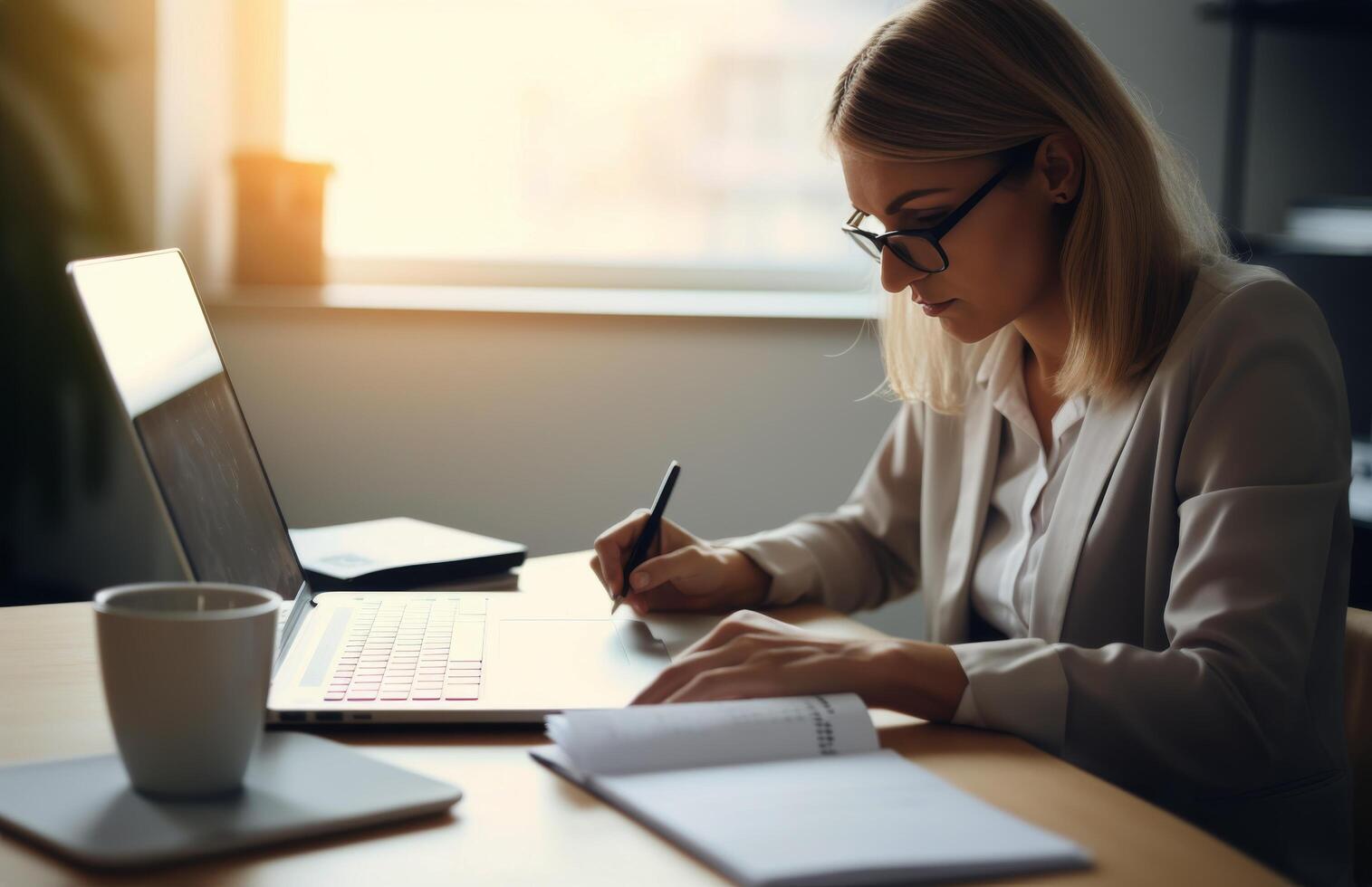 AI generated professional woman writing with pen and computer in a desktop work station photo