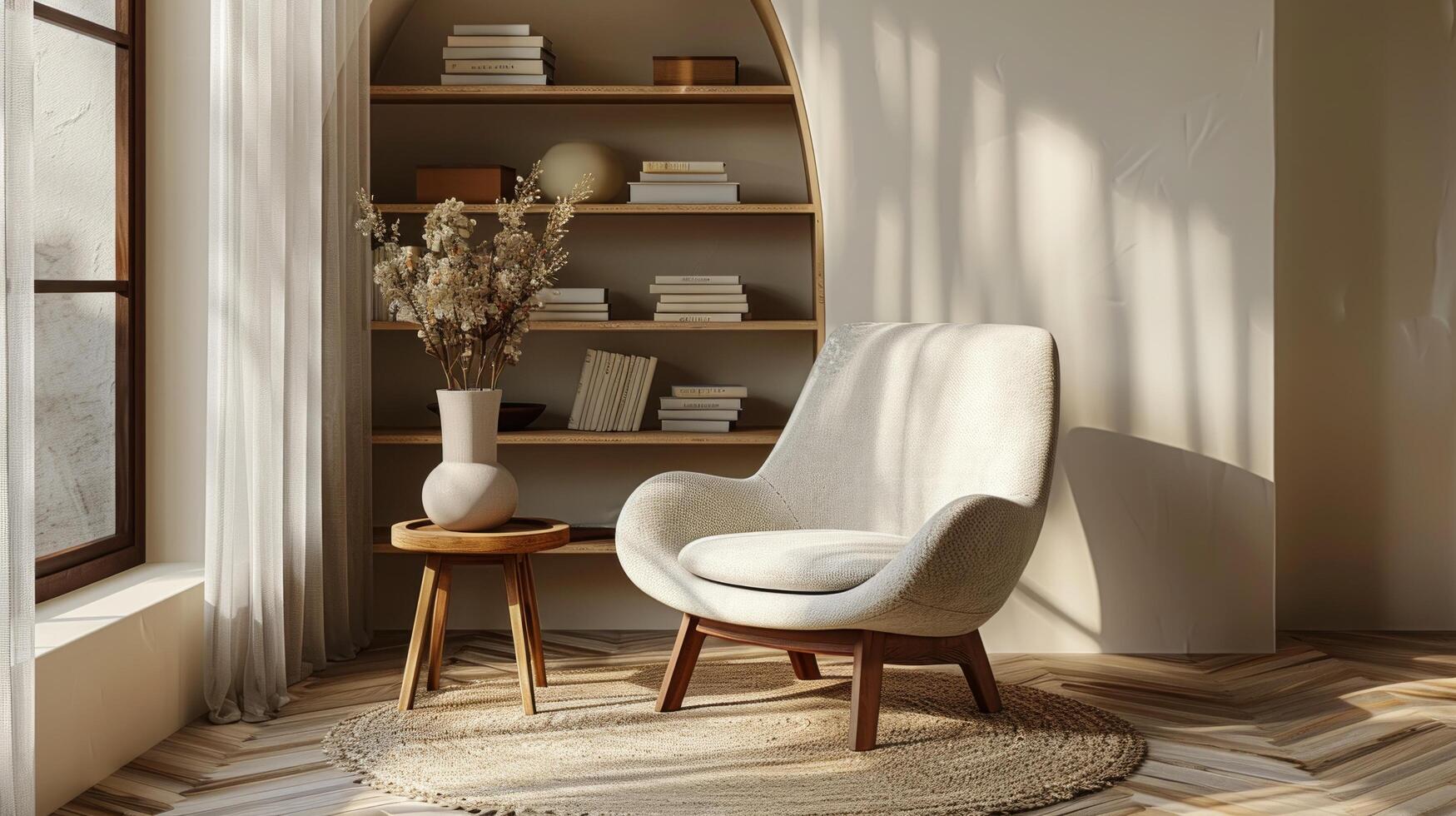 AI generated A cozy reading nook featuring a comfortable chair a small side table and a minimalist bookshelf 40285565 Stock Photo at Vecteezy