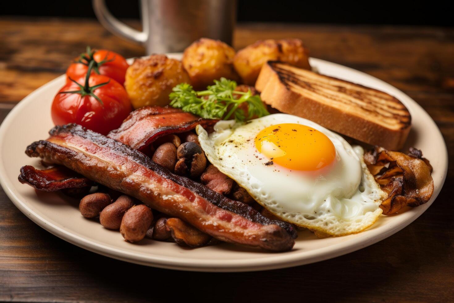 AI generated English breakfast on a plate, highlighting the golden yolk of the fried egg, crispy bacon photo