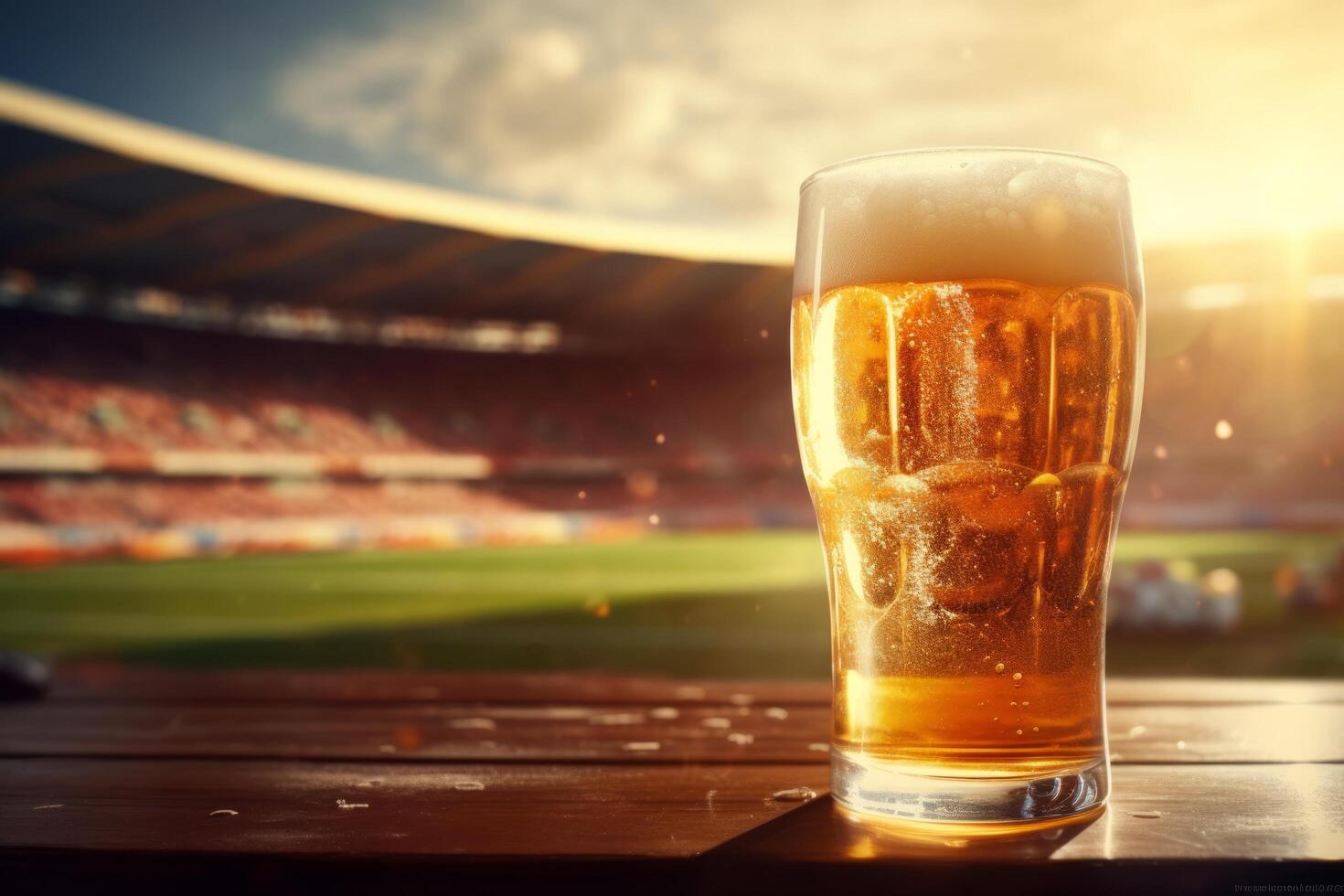 AI generated a beer glass sitting on a wooden table next to a soccer stadium photo