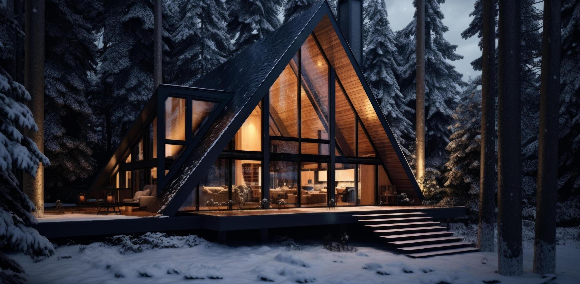 AI generated a cabin in the middle of snow covered trees photo