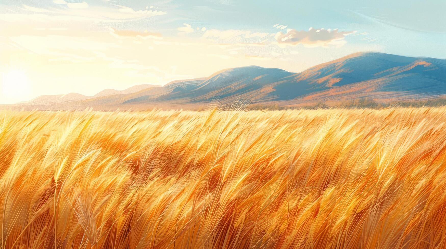 AI generated golden wheat field, with ripe wheat swaying in wind and the sun casting a warm glow over the scene photo