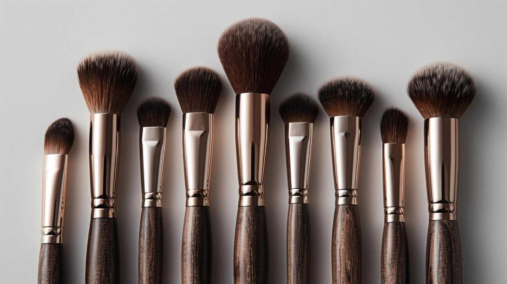 AI generated set of makeup brushes arranged neatly on a white background photo