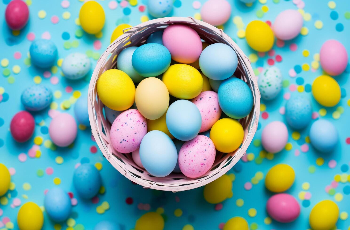 AI generated a basket filled with eggs on a blue table outdoors photo