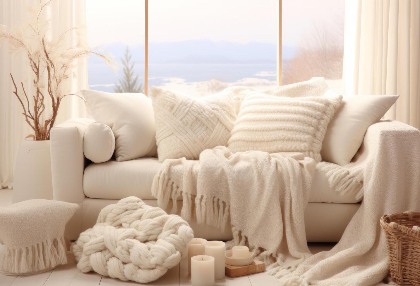 AI generated a living room filled with different white throw blankets photo