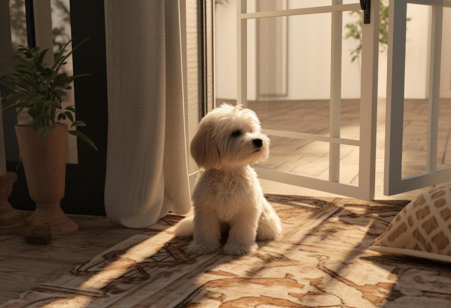 AI generated a dog sits on a rug in front of open door photo