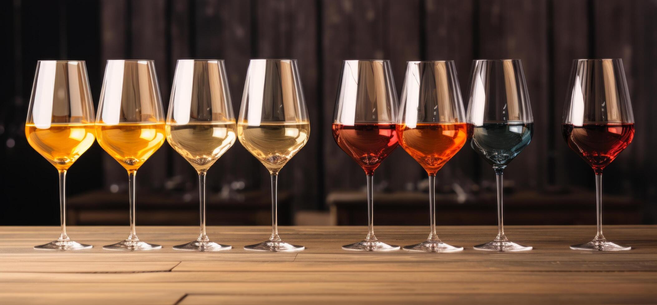 AI generated a line of glass wine glasses with drinks photo