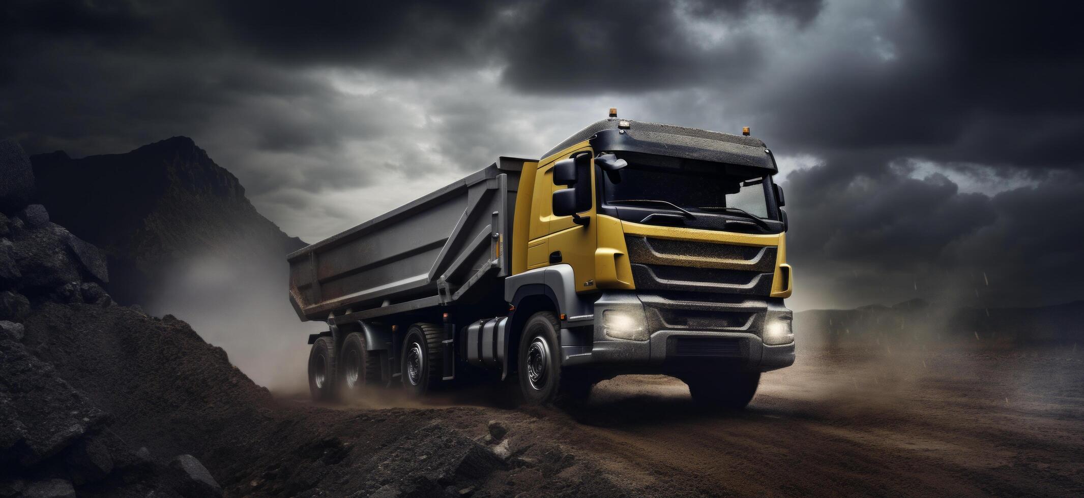 AI generated a huge dump truck driving through a dark field photo