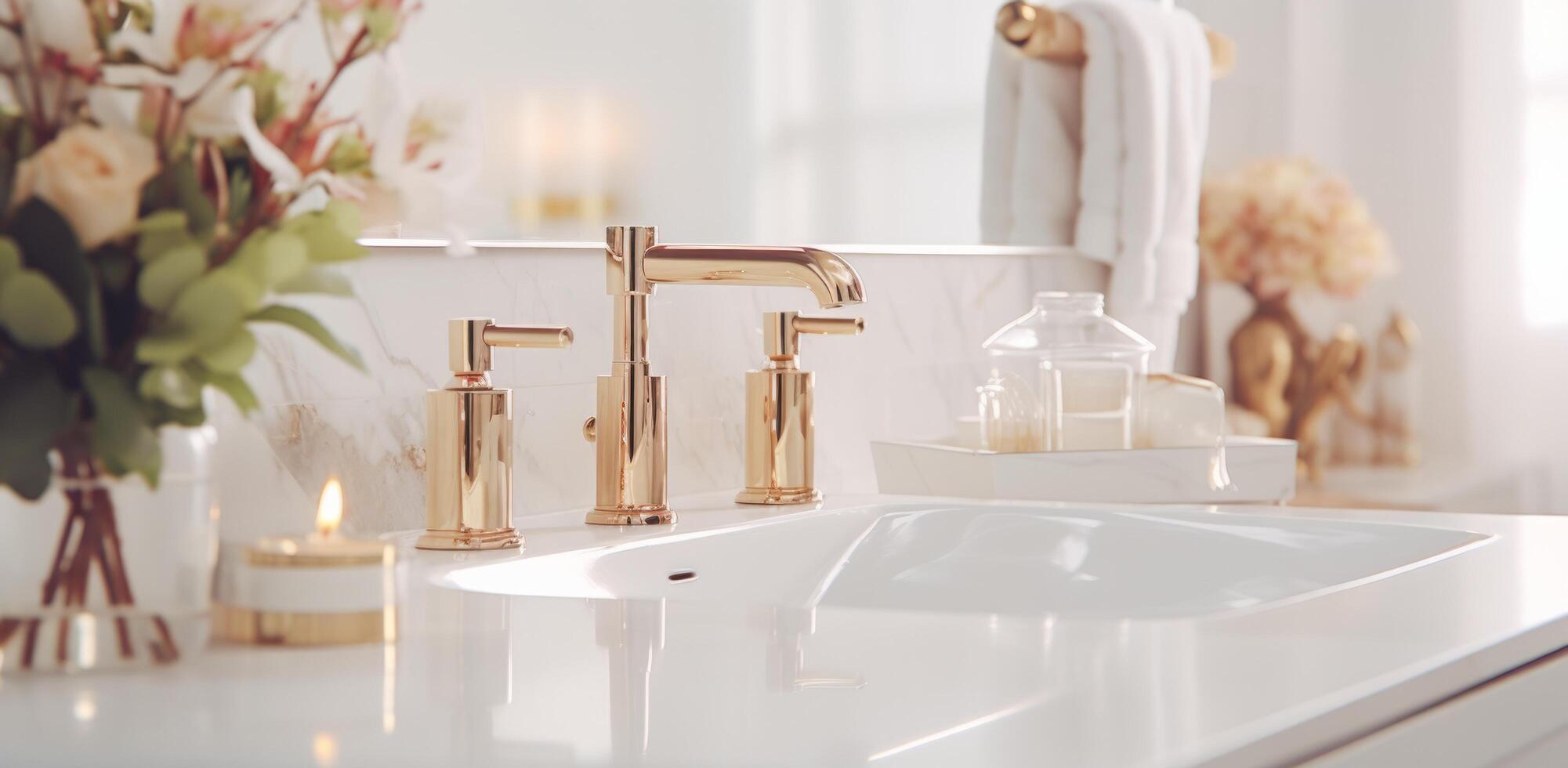 AI generated a marble bathroom counter with two gold taps photo