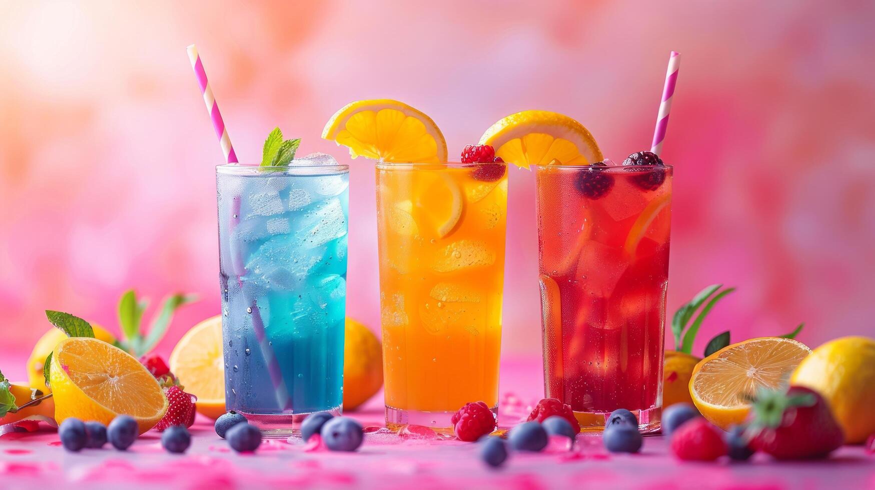 AI generated A minimalist arrangement of colorful summer drinks like lemonade and fruit smoothies photo