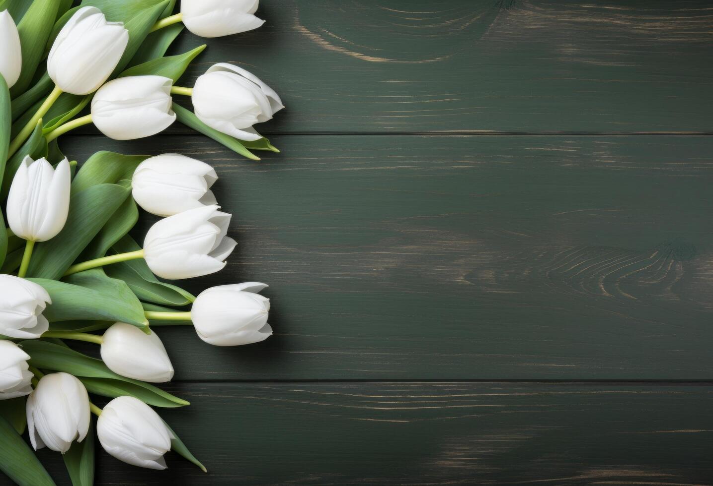 AI generated a green easter card on wood with tulips and eggs photo