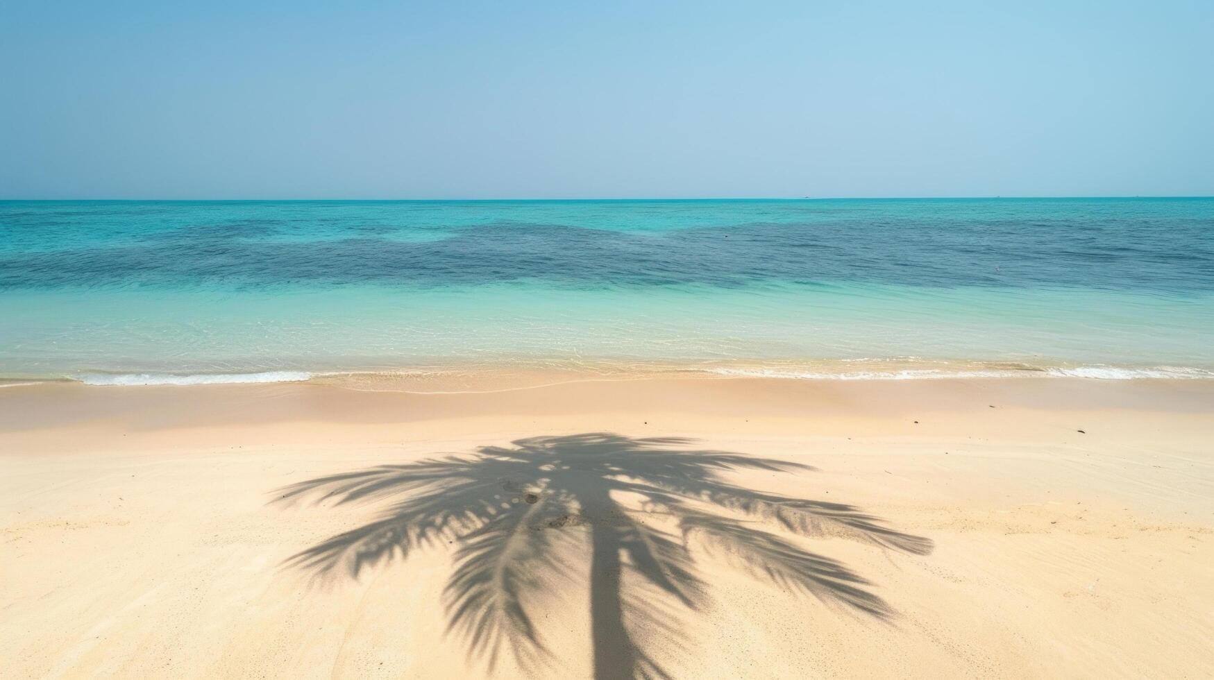 AI generated sandy beach, with clear blue skies, sparkling water, and a single palm tree casting a shadow photo