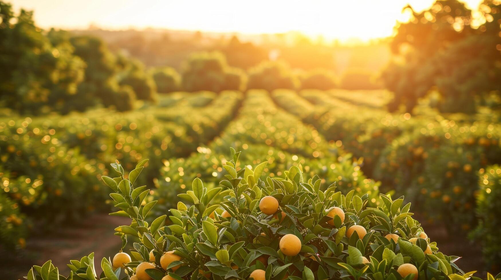 ai generado un agrios arboleda, con filas de naranja y limón arboles extensión dentro el distancia foto