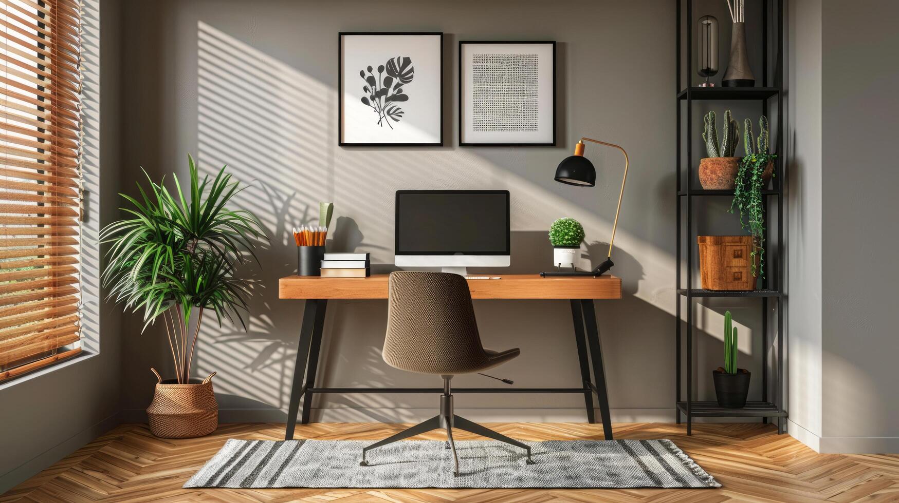 AI generated A minimalist home office with a simple desk, ergonomic chair photo