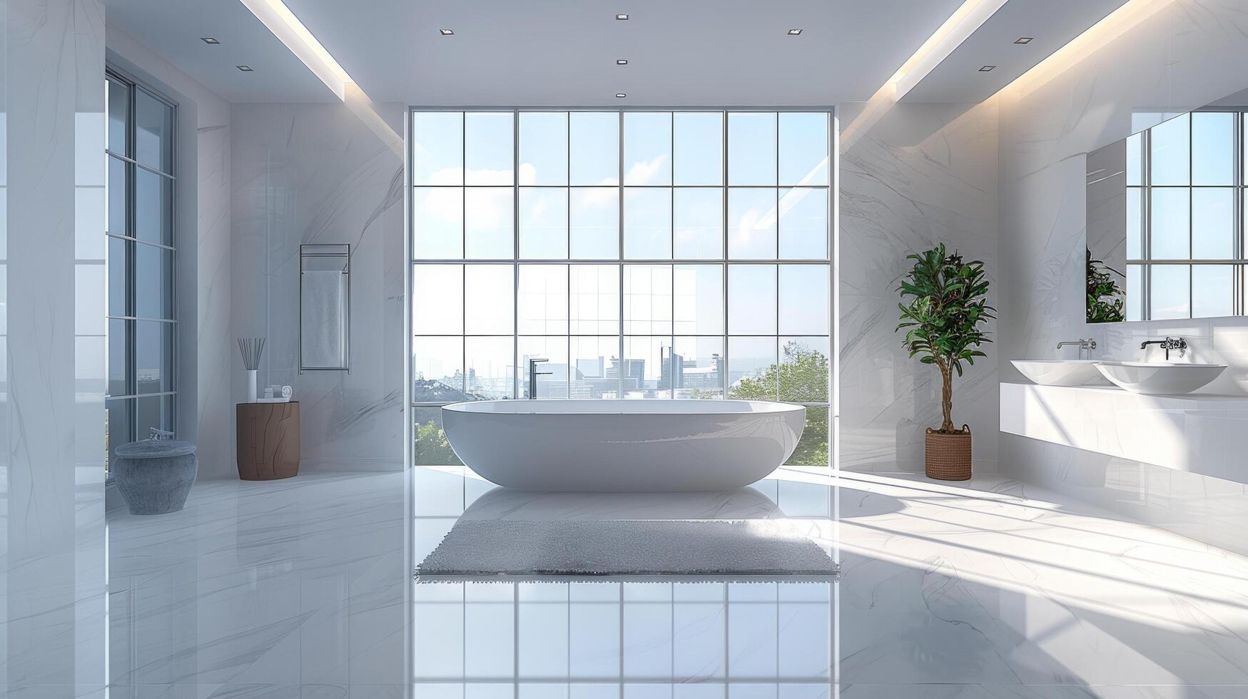 ai generado un minimalista baño con un limpiar blanco color esquema, un sencillo vanidad foto