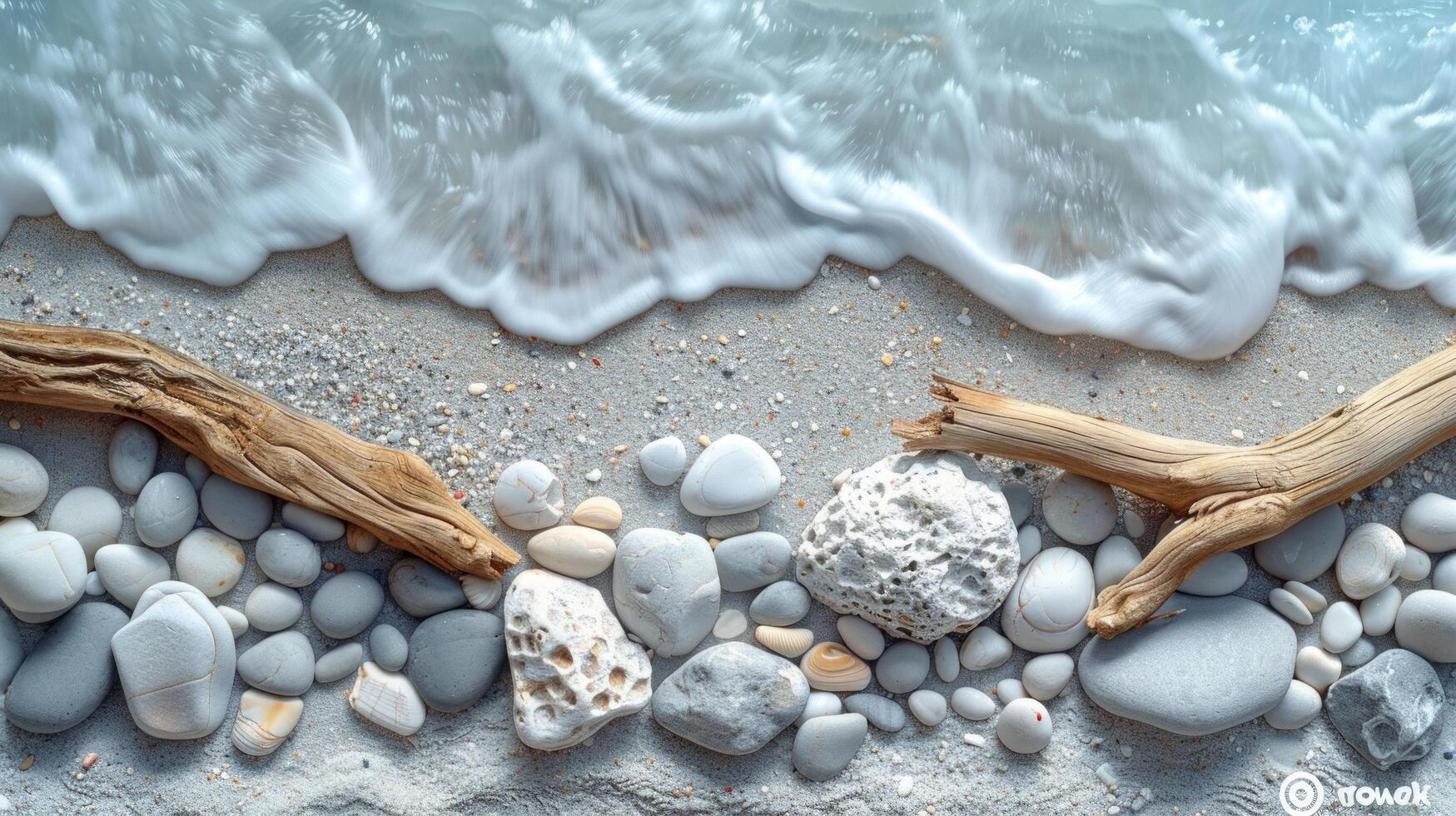 AI generated A minimalist composition of a rocky shoreline, with smooth pebbles scattered on the sand photo