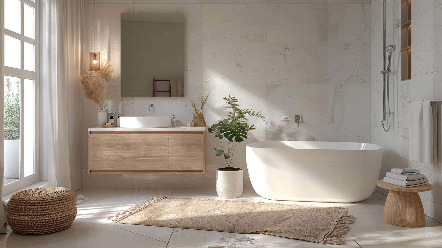 ai generado un minimalista baño con un limpiar blanco color esquema, presentando un sencillo vanidad foto